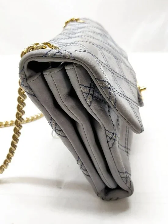 Authentic Chanel Quilted Flap Clutch Gray Lambskin Gold Chain CC Shoulder Bag - Picture 5 of 16